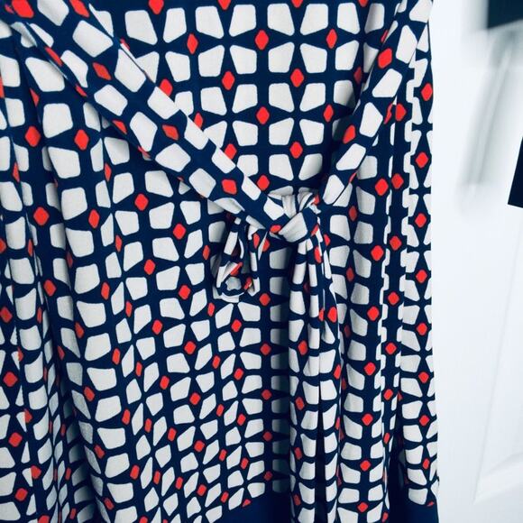 Donna Morgan Long Sleeve Shift Dress Collared Geometric Blue/White/orange Size 6 - Picture 10 of 10